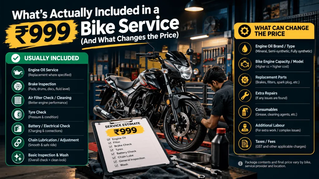 What’s Actually Included in a ₹999 Bike Service (And What Changes the Price)